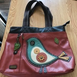 Chala Tote with bird design, 13”H x 16” W, brown and tan, aqua polka dot lining